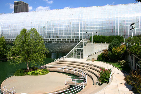 Space-ship-like greenhouse conservatory on Myriad Botanical Gardens grounds. Oklahoma City, OK.