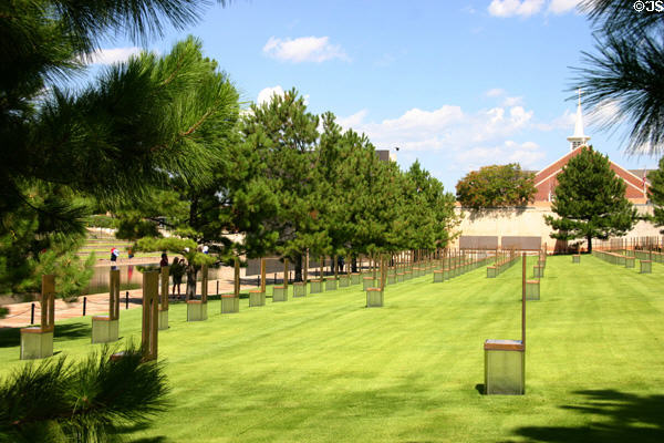 Sculpted chairs, one for each of 168 bombing victims at Oklahoma City National Memorial. Oklahoma City, OK.