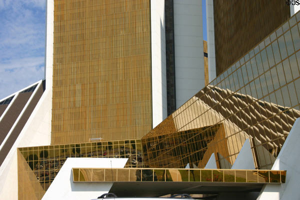 Copper colored glass entrance overhang of CityPlex Towers. Tulsa, OK.