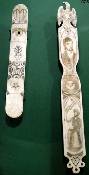 Scrimshaw whalebone corset busk & plaque (1859) at Columbia River Maritime Museum. Astoria, OR.