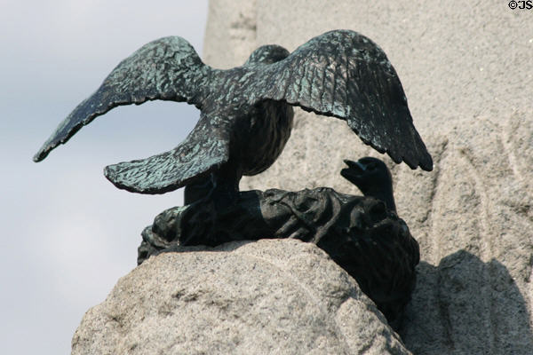 Bronze birds nest on dead tree monument of Pennsylvania 90th Infantry at Gettysburg National Military Park. Gettysburg, PA.