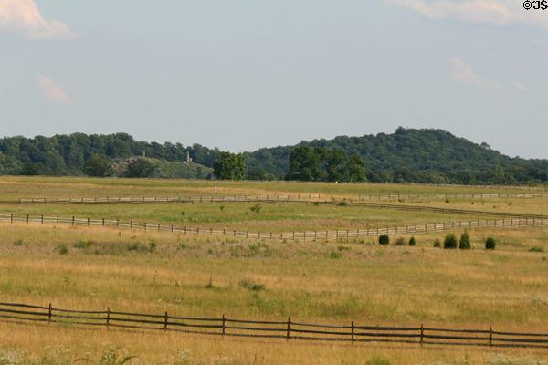 View from Confederate lines to Big & Little Round Tops at Gettysburg National Military Park. Gettysburg, PA.