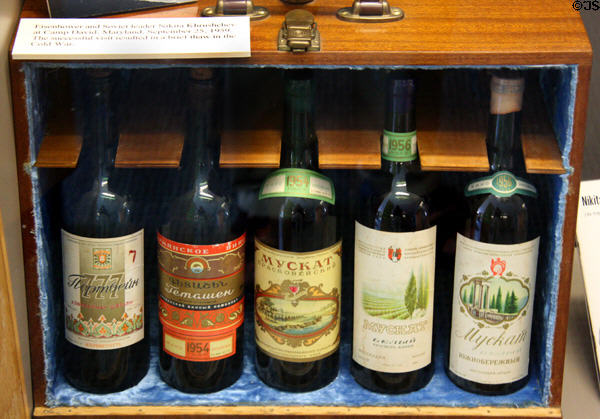 Alcohol bottles given to Eisenhower by Soviet leader Nikita Khrushchev at Eisenhower Farm. Gettysburg, PA.