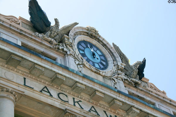 Clock flanked by eagles atop Lackawanna Railroad Station. Scranton, PA.