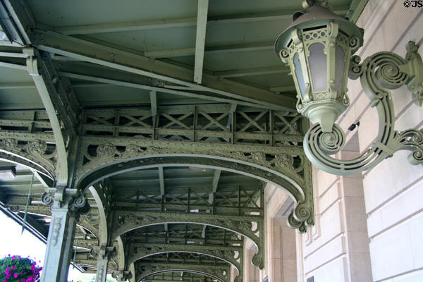 Cast & wrought iron overhang structure & lamps on front of Lackawanna Railroad Station. Scranton, PA.