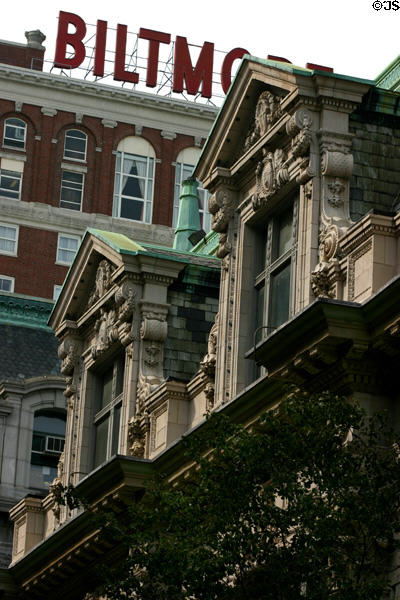 Dormers on 260 Westminster St. against Biltmore Hotel. Providence, RI.