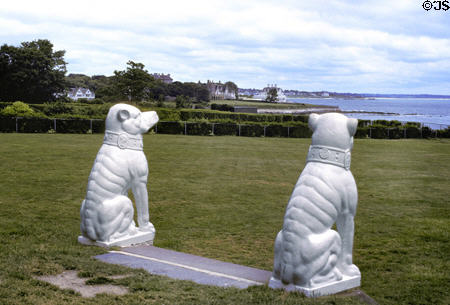 Astor's Beechwood mansion garden with stone dogs & sea. Newport, RI.