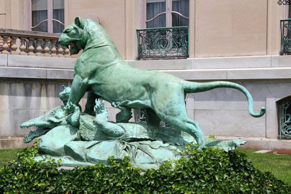 Sculpture of tigress fighting crocodile on terrace of The Elms. Newport, RI.