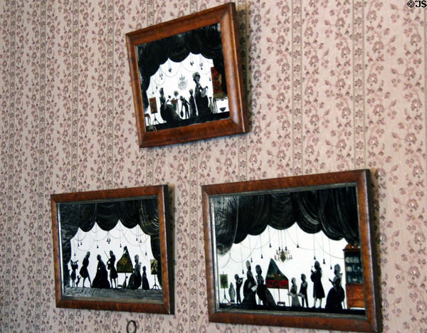 Silhouette French drawing room scenes & wallpaper detail in Louis XV Bedroom (aka Satinwood Room) at The Elms. Newport, RI.