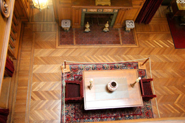 Great Hall fireplace & table views from balcony above at Chateau-sur-Mer. Newport, RI.
