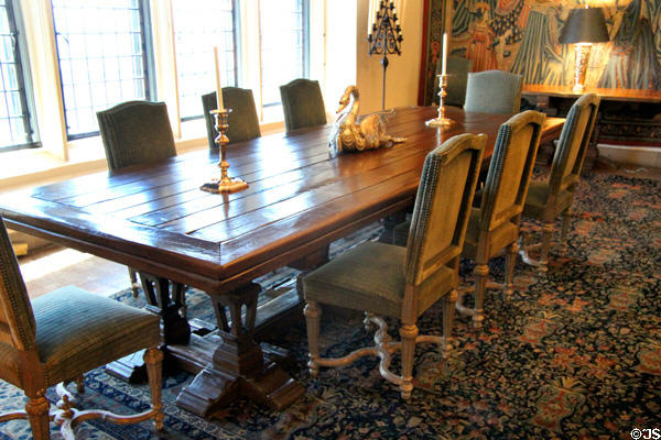Dining room table with silver swan centerpiece at Rough Point. Newport, RI.