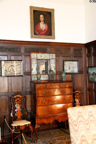 Portrait of a Lady (1618-80) by Joseph Highmore over chest (18thC) & other antiques in Morning Room at Rough Point. Newport, RI.