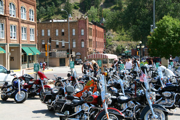 Bikers parked on wild west streets of Deadwood. Deadwood, SD.