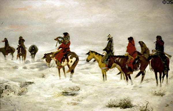 Lost in a Snowstorm We are Friends painting (1888) by Charles Marion Russell at Amon Carter Museum of American Art. Fort Worth, TX.