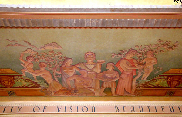 Ceiling frieze with Art Deco symbols of progress & prosperity at Houston City Hall. Houston, TX.