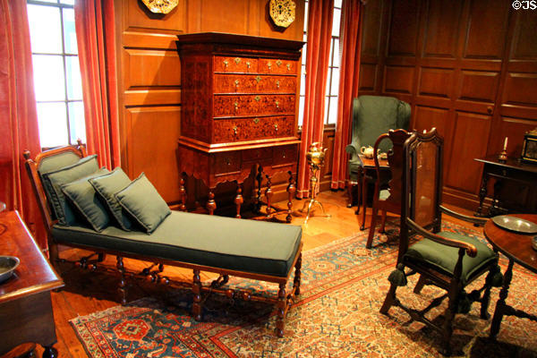 Pine room with American objects of Early Baroque style (1690-1730) including high-chest of drawers at Bayou Bend. Houston, TX.