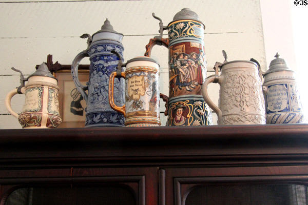 German beer steins in San Felipe Cottage at Sam Houston Park. Houston, TX.