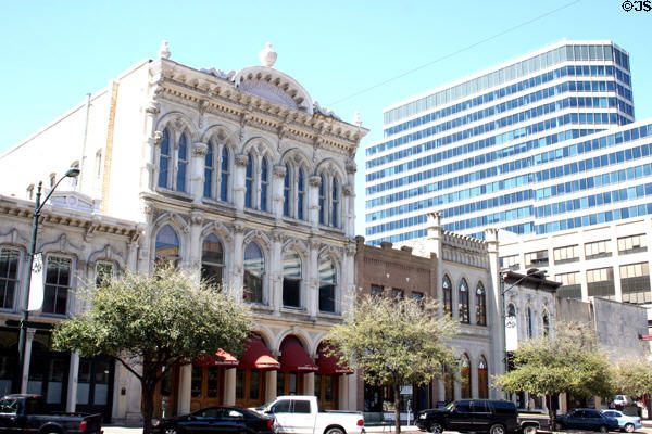Streetscape of Edward Tips building (1865) (710 Congress Ave.), Walter Tips building & Venetian Gothic structures of 700 block of Congress Ave. Austin, TX. Architect: J.N. Preston.