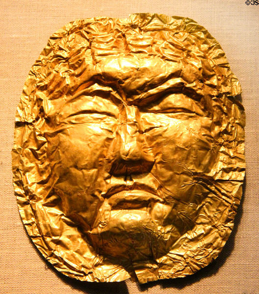 Greek gold miniature funerary mask (3rd-1stC BCE) at San Antonio Museum of Art. San Antonio, TX.