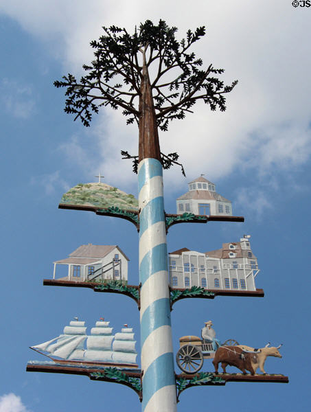 Scenes of settlement & town buildings on Fredericksburg Maypole. Fredericksburg, TX.