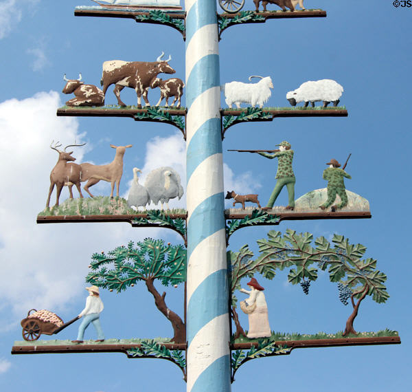 Scenes of agriculture & hunting on Fredericksburg Maypole. Fredericksburg, TX.