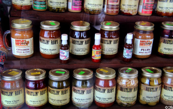Local condiments & preserves in shop window. Fredericksburg, TX.