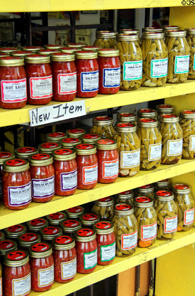 Local condiments & preserves in shop window. Fredericksburg, TX.