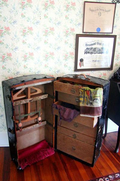 Chambers sisters' traveling trunk in Ruth Chambers' bedroom at Chambers House Museum. Beaumont, TX.