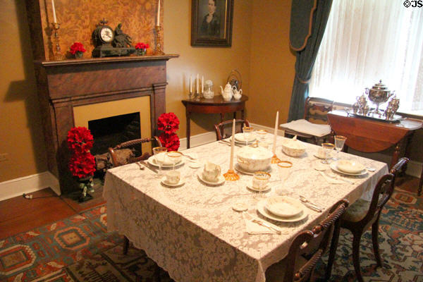 Dining room with original wallpaper over fireplace at Earle-Napier-Kinnard House. Waco, TX.