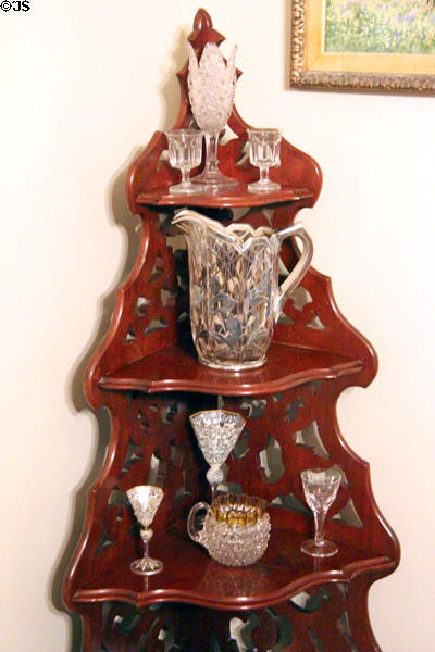 Étagère with cut glass at McCulloch House. Waco, TX.