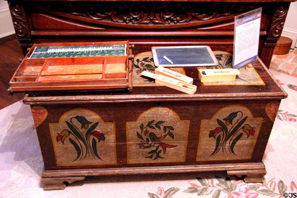Painted chest with writing materials on top at McCulloch House. Waco, TX.