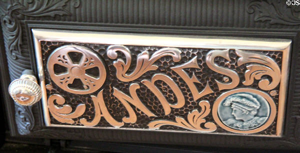 Andes cast iron stove nameplate at East Terrace House. Waco, TX.