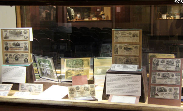 Paper money of Republic of Texas & Confederate States at Texas Ranger Hall of Fame and Museum. Waco, TX.