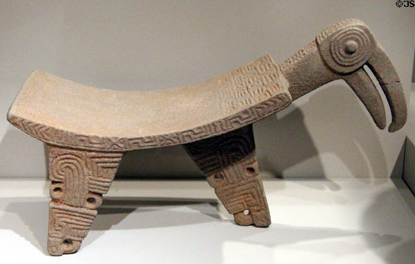 Volcanic stone tripod grinding metate with bird's head (300-700) from Guanacaste-Nicoya zone, Costa Rica at Dallas Museum of Art. Dallas, TX.