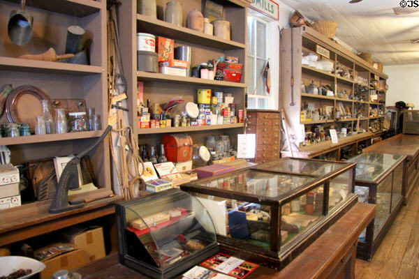 Interior of Forke Store with general merchandise shelves at Conservation Plaza. New Braunfels, TX.