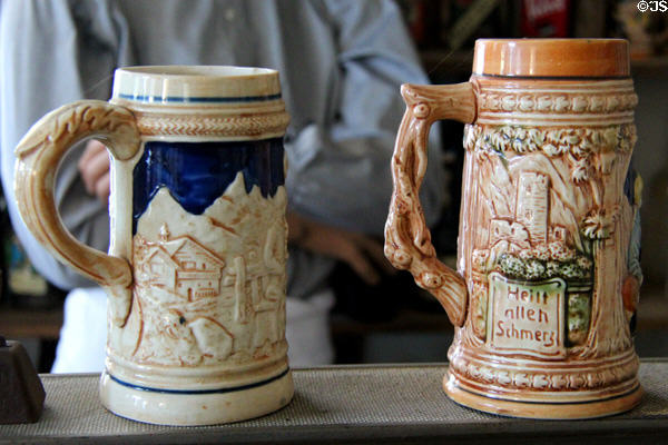 Decorated ceramic beer steins inside Star Exchange at Conservation Plaza. New Braunfels, TX.