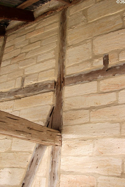 Detail of limestone construction without screws or nails at Moehrig Blank House at Conservation Plaza. New Braunfels, TX.