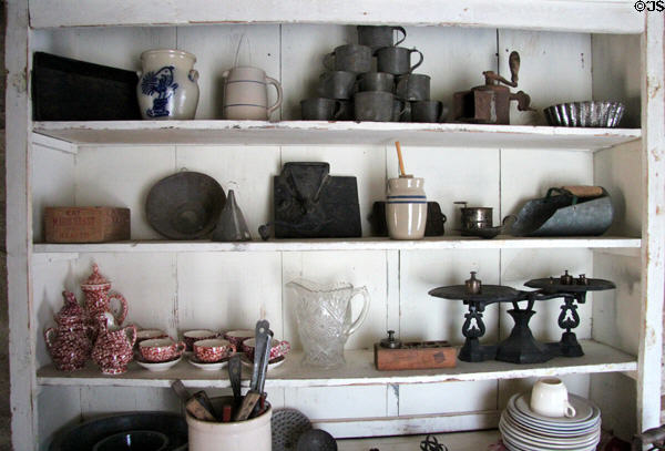 Kitchen shelves at Moehrig Blank House at Conservation Plaza. New Braunfels, TX.