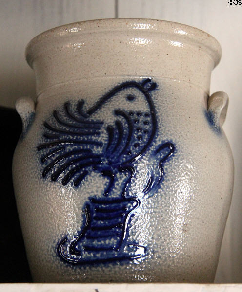 Cobalt blue flow stoneware crock in Moehrig Blank House at Conservation Plaza. New Braunfels, TX.