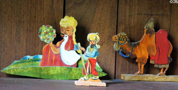 Carved wood figures in Baetge House at Conservation Plaza. New Braunfels, TX.