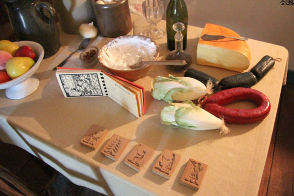 Work table with butter molds in Baetge House at Conservation Plaza. New Braunfels, TX.