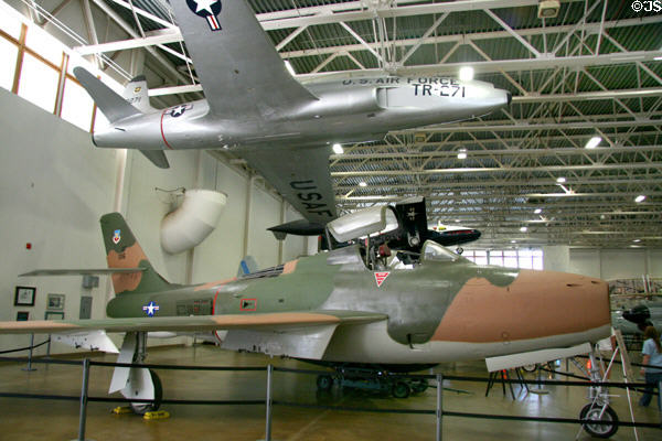 Lockheed T-33A-1-LO Shooting Star (1953) & Republic F-84F-25-RE Thunderstreak (1954) below at Hill Aerospace Museum. UT.