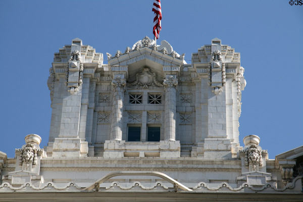 Sculpted terra-cotta detail atop Joseph Smith Memorial Building. Salt Lake City, UT.