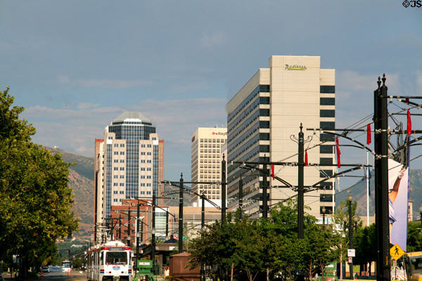 Gateway Tower of Key Bank & Radisson Tower where Main Street starts at South Temple Street. UT.