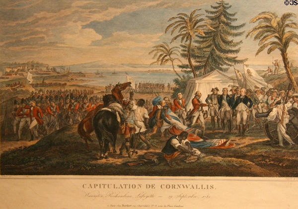 Graphic of Surrender of Cornwallis on Sept. 19, 1781 published by Berthet of Paris at Hampton Roads Naval Museum. Norfolk, VA.