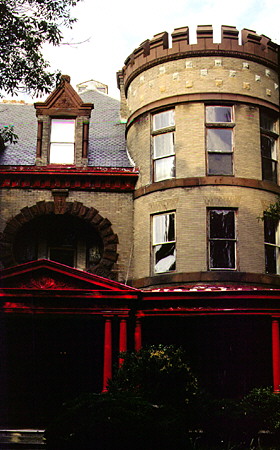 Burroughs House, red porch & turrets. Lynchburg, VA.