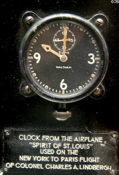 Clock from Spirit of St. Louis used by Charles A. Lindbergh on New York to Paris flight at National Air & Space Museum. Chantilly, VA.