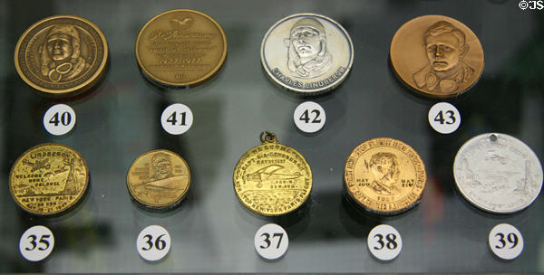 Collection of Charles A. Lindbergh souvenir medals at National Air & Space Museum. Chantilly, VA.