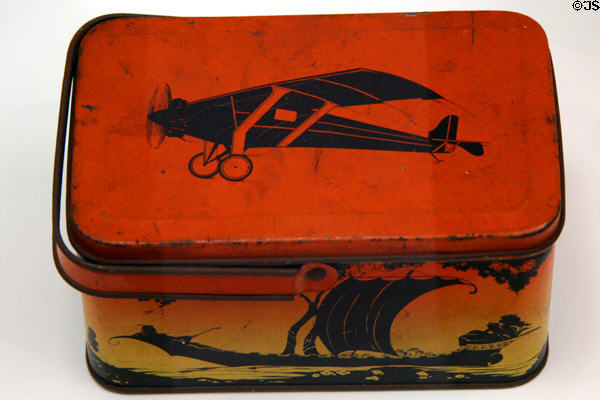 Lindbergh's Spirit of St. Louis on tin lunch bucket at National Air & Space Museum. Chantilly, VA.