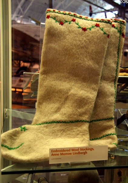 Embroidered wool stockings owned by Anne Morrow Lindbergh at National Air & Space Museum. Chantilly, VA.